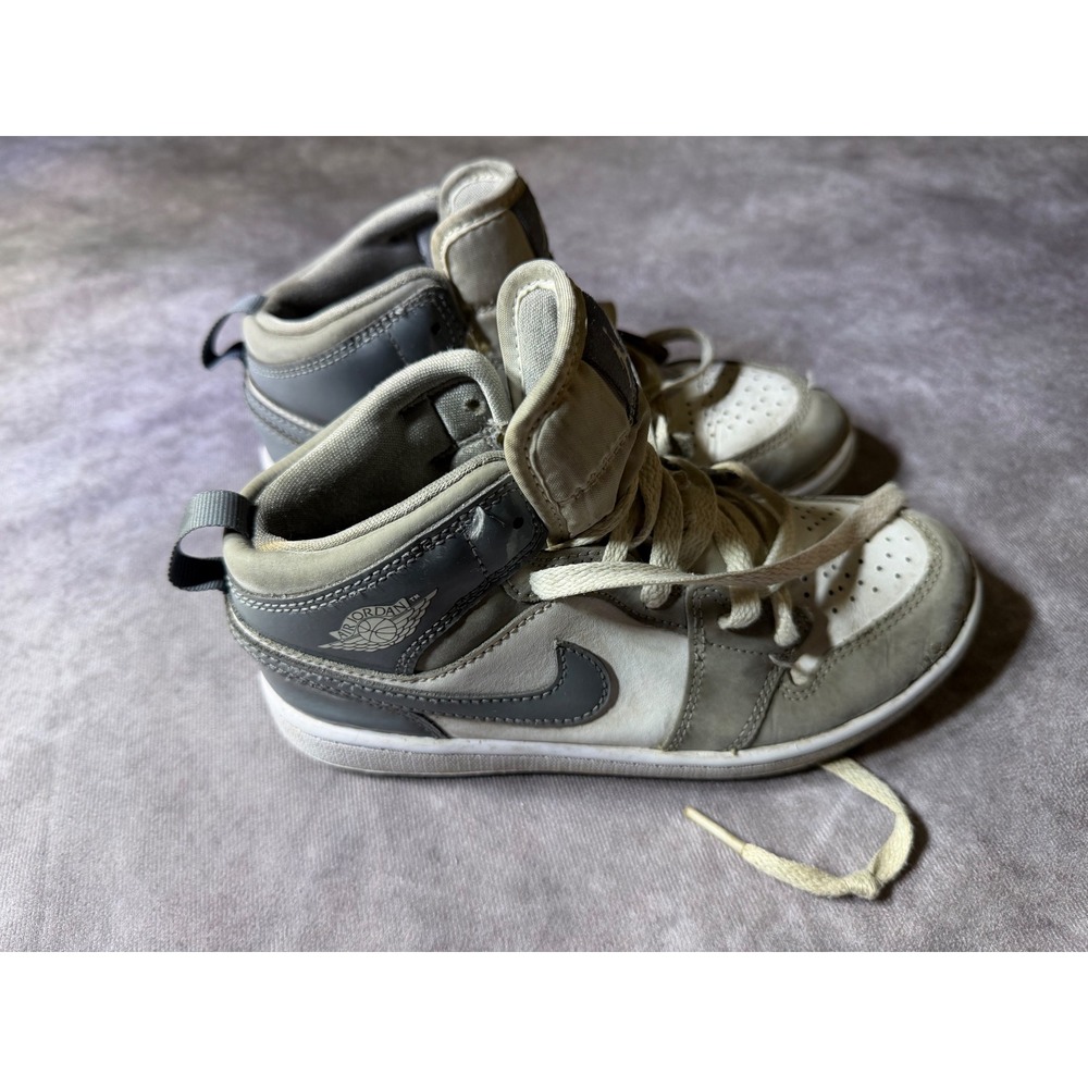 Nike Air Jordan 1 Mid Grey White Sneakers HF3194-100 Kids Size 2Y